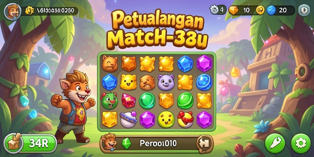 Screenshot 34R menampilkan gameplay seru dengan pencocokan permata.