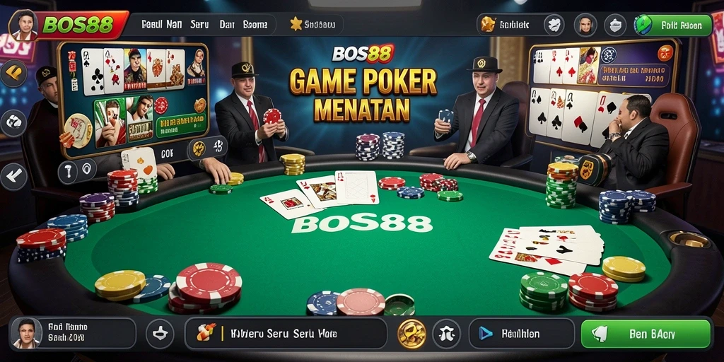 Screenshot utama BOS88 menampilkan gameplay poker yang seru dan menegangkan.