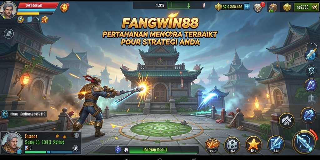 Screenshot gameplay <strong>FANGWIN88</strong> dengan menara pertahanan aktif menghadapi gelombang musuh.