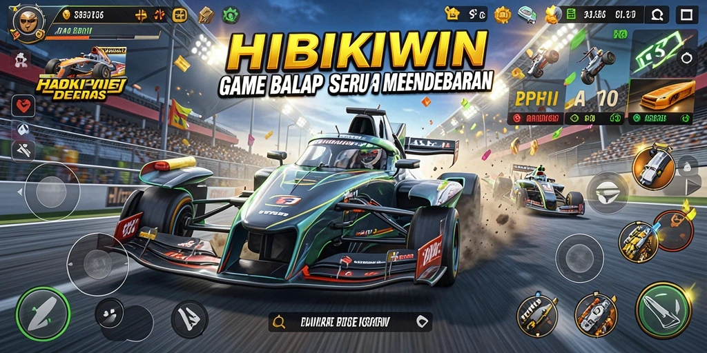 Tangkapan layar HIBIKIWIN menampilkan aksi balap yang mendebarkan.