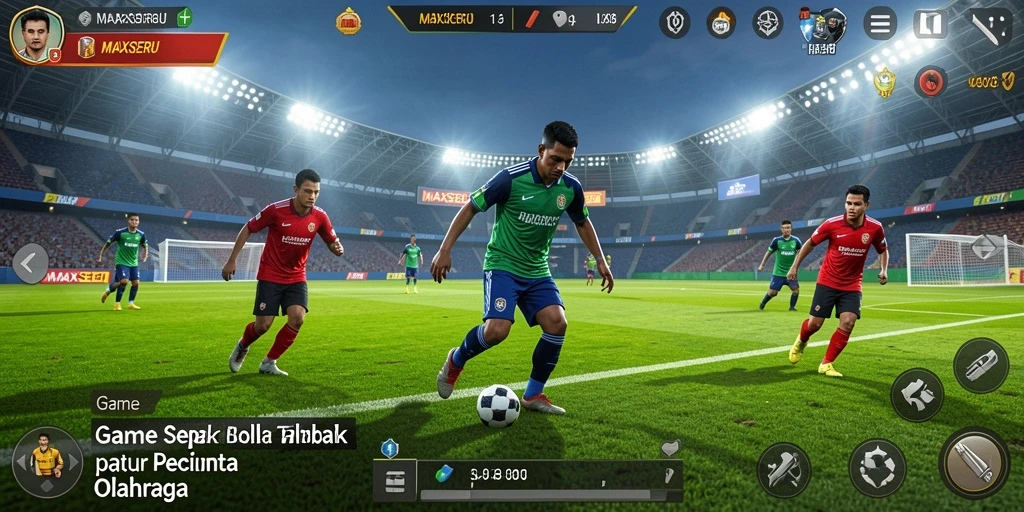 Screenshot dari gameplay <strong>MAXSERU</strong> memperlihatkan aksi seru di lapangan sepak bola.