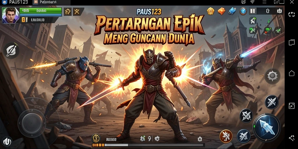 Tangkapan layar utama PAUS123 menampilkan aksi pertarungan yang intens.