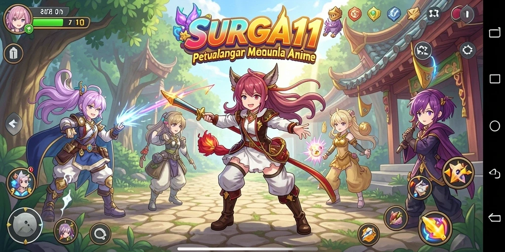 Screenshot utama SURGA11 menampilkan aksi seru dalam dunia anime.